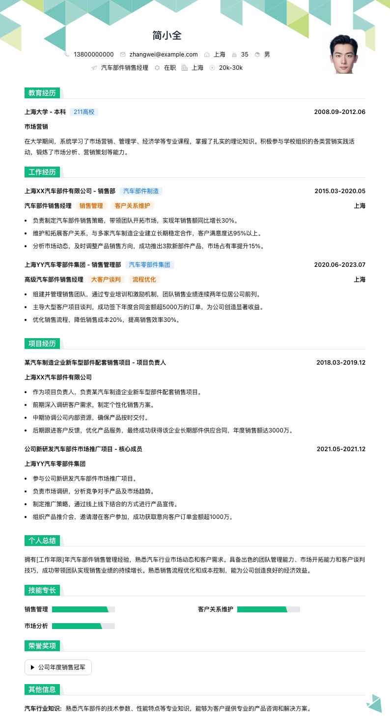 汽车部件销售经理简历模板