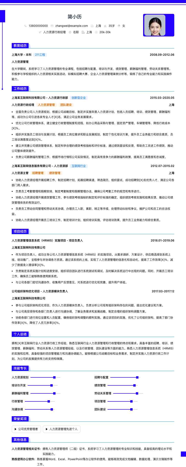 人力资源行政经理简历模板