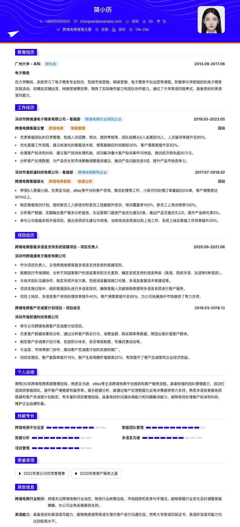 跨境电商客服主管简历模板