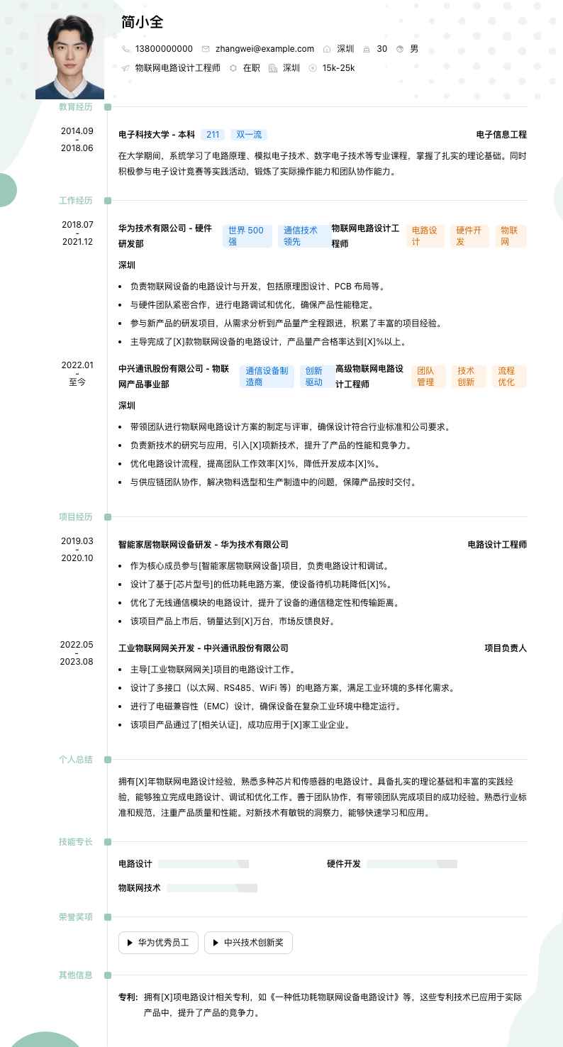 物联网电路设计工程师简历模板