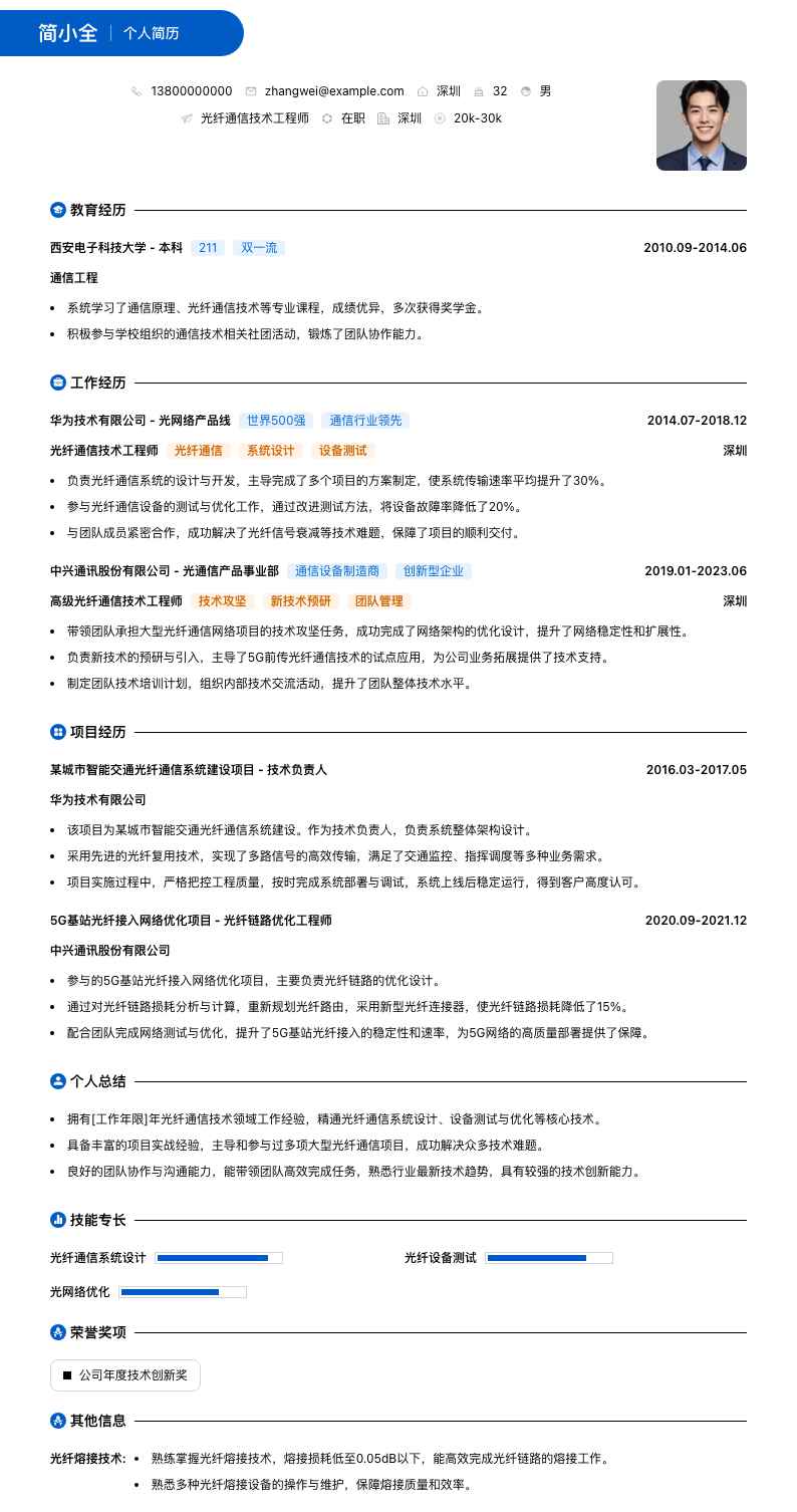 光纤通信技术工程师简历模板