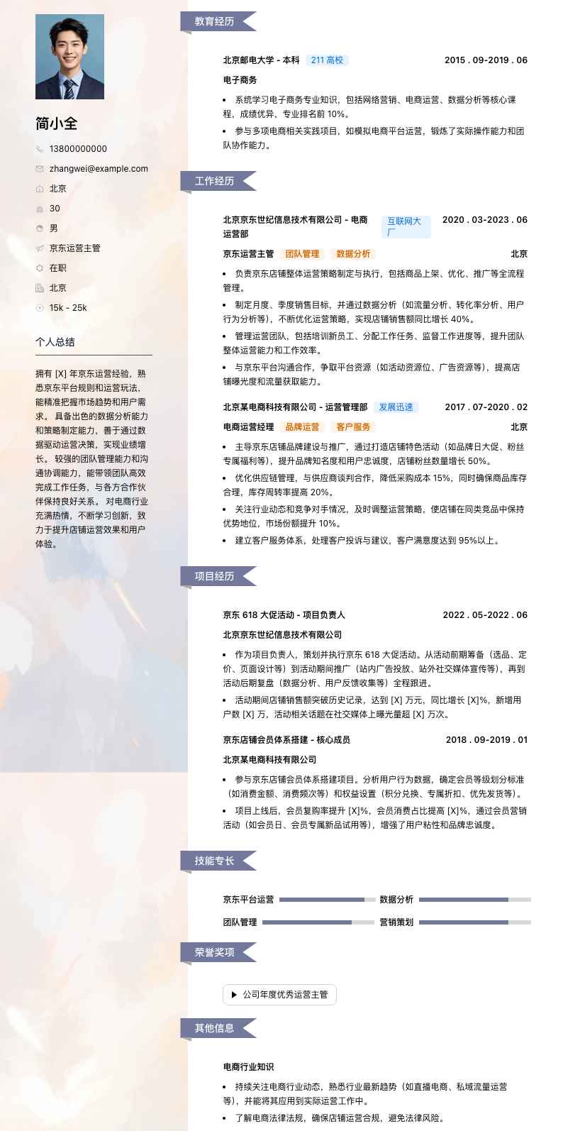 京东运营主管简历模板