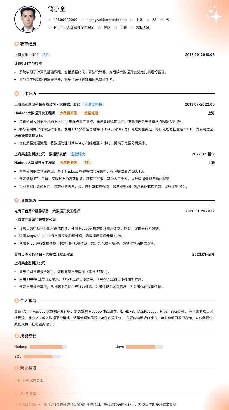 hadoop大数据开发工程师简历模板