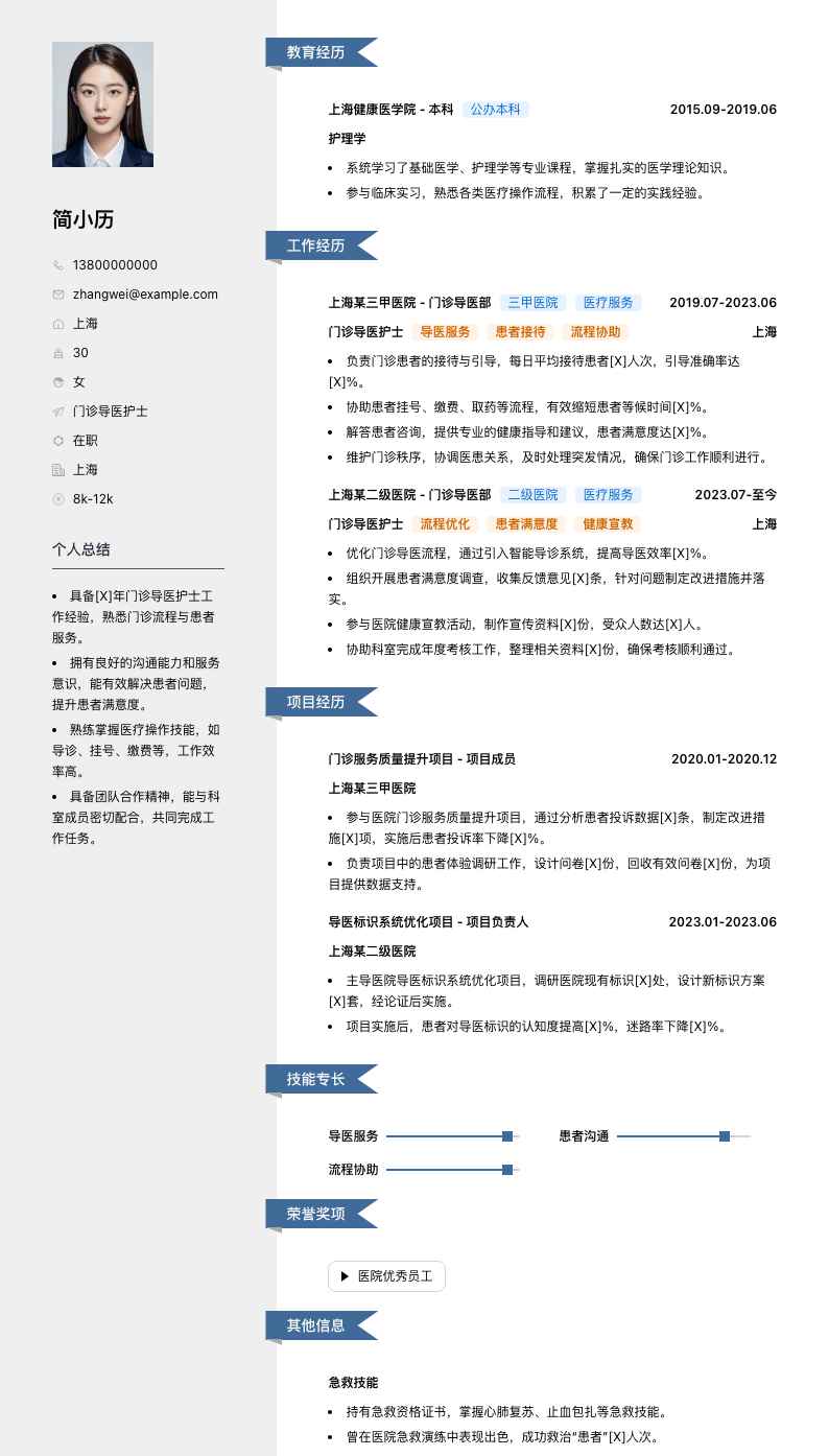 门诊导医护士简历模板