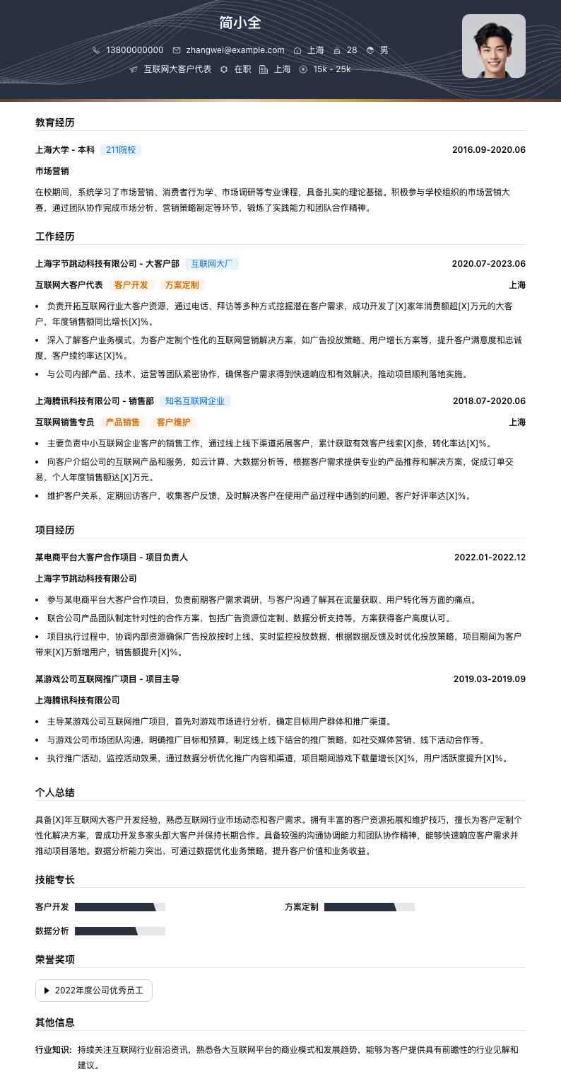 互联网大客户代表简历模板