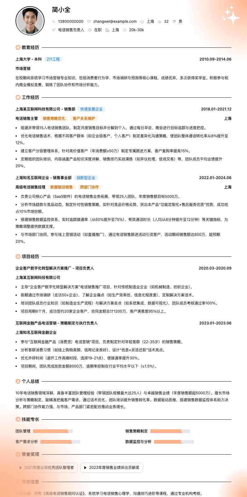 电话销售负责人简历模板