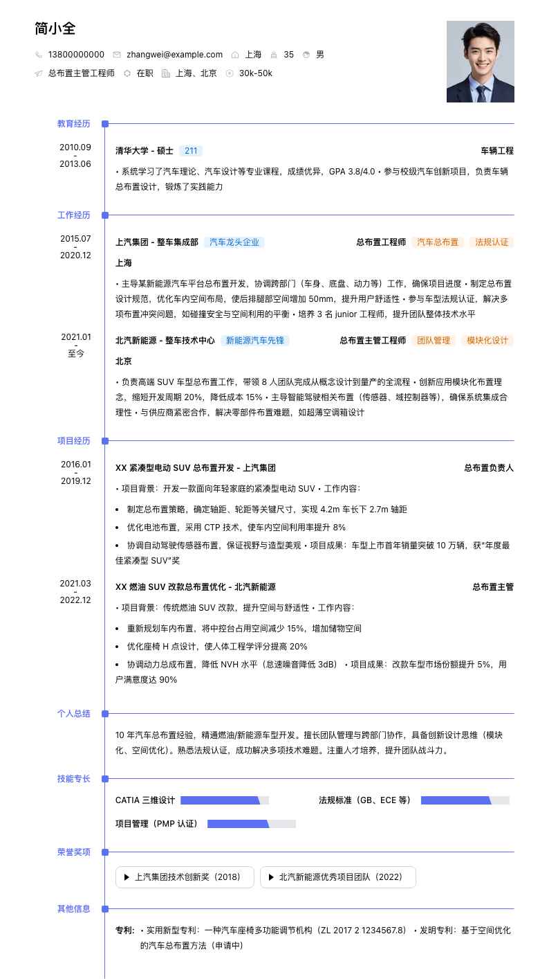 总布置主管工程师简历模板