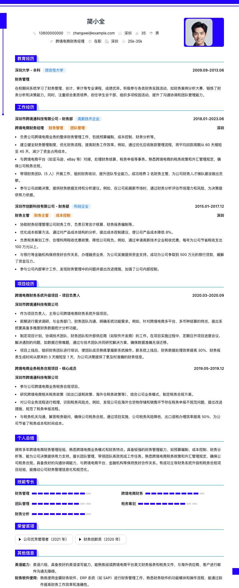 跨境电商财务经理简历模板
