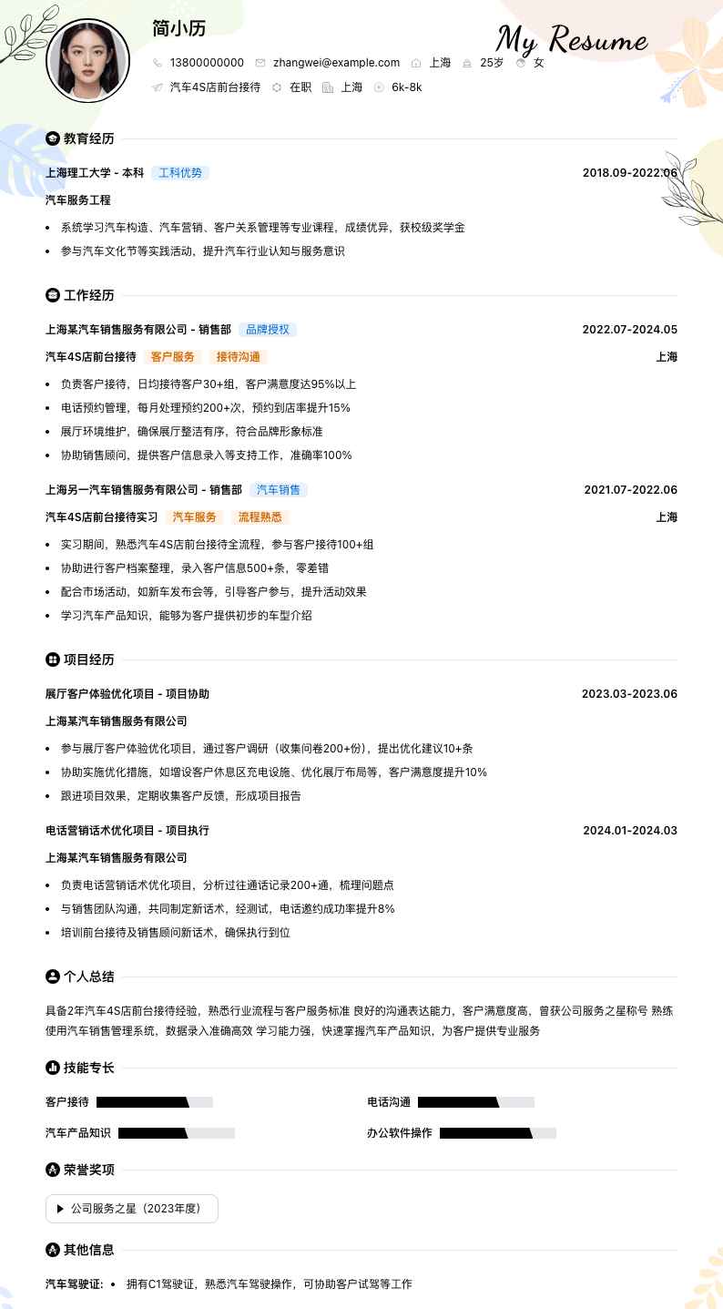 汽车4s店前台接待简历模板