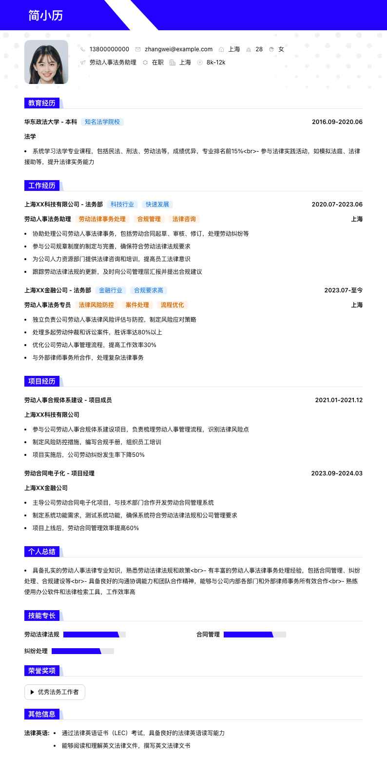劳动人事法务助理简历模板