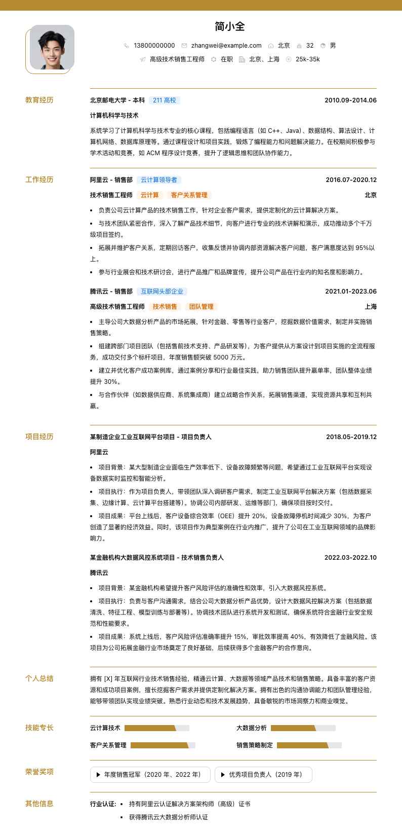 高级技术销售工程师简历模板