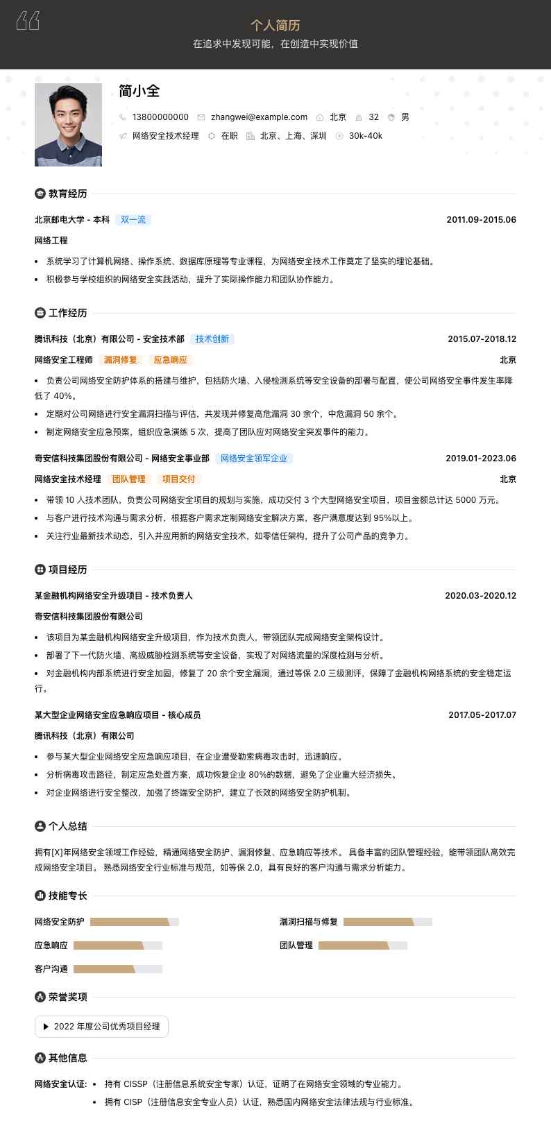 网络安全技术经理简历模板