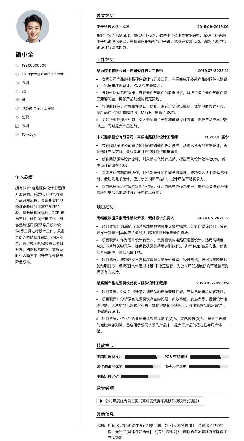 电路硬件设计工程师简历模板