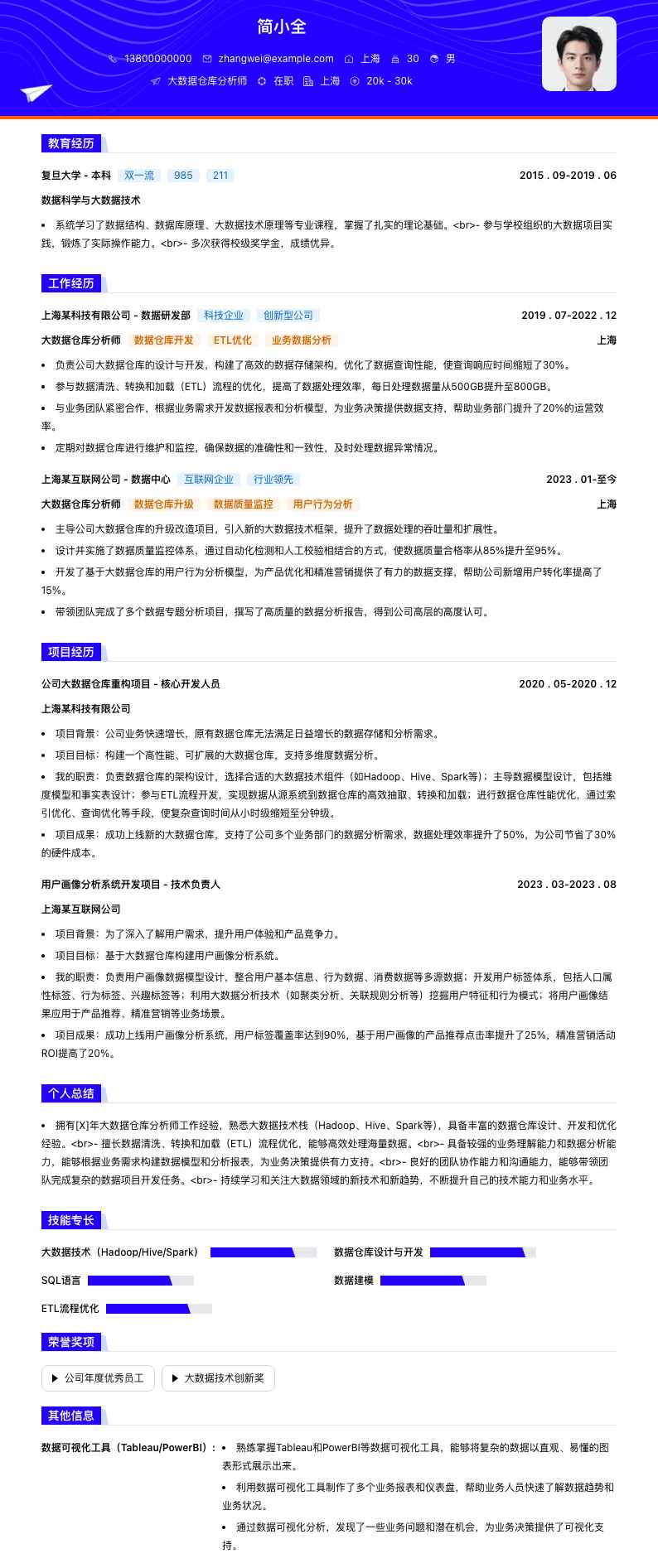 大数据仓库分析师简历模板