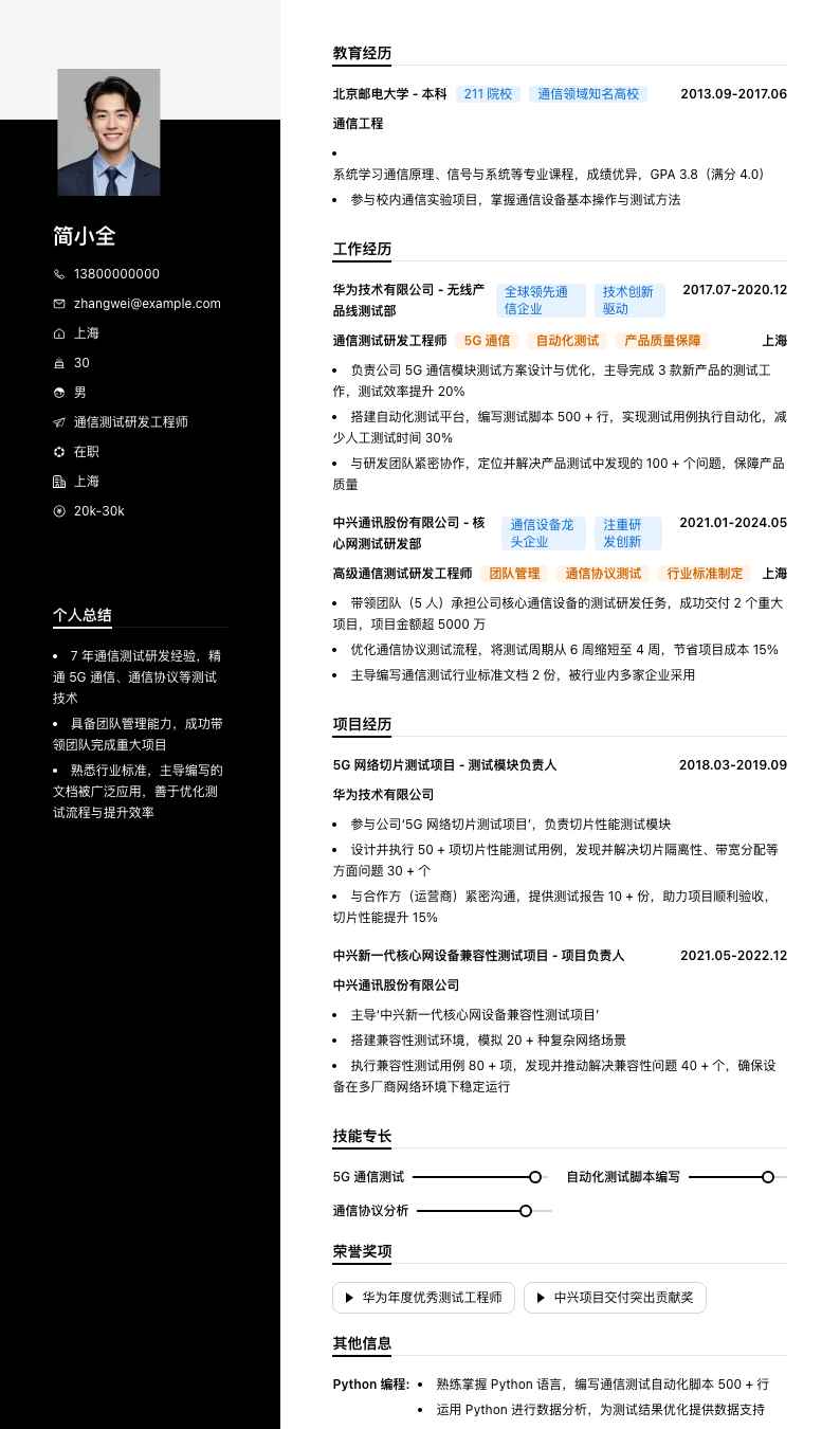 通信测试研发工程师简历模板