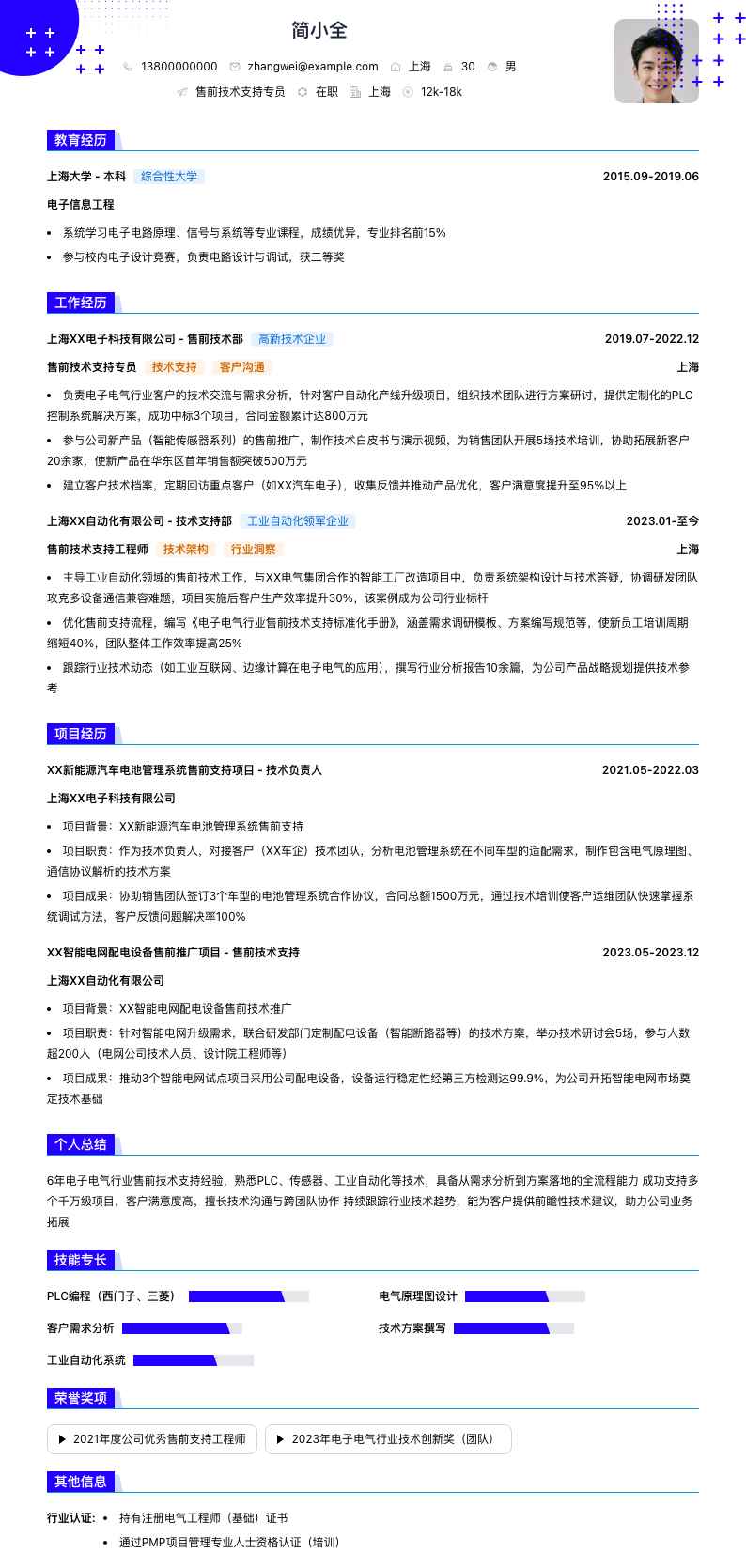 售前技术支持专员简历模板