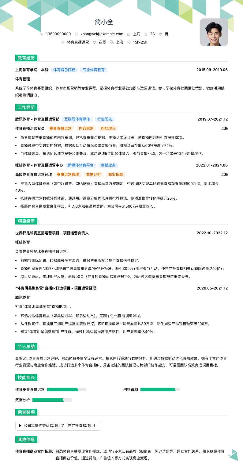 体育直播运营简历模板