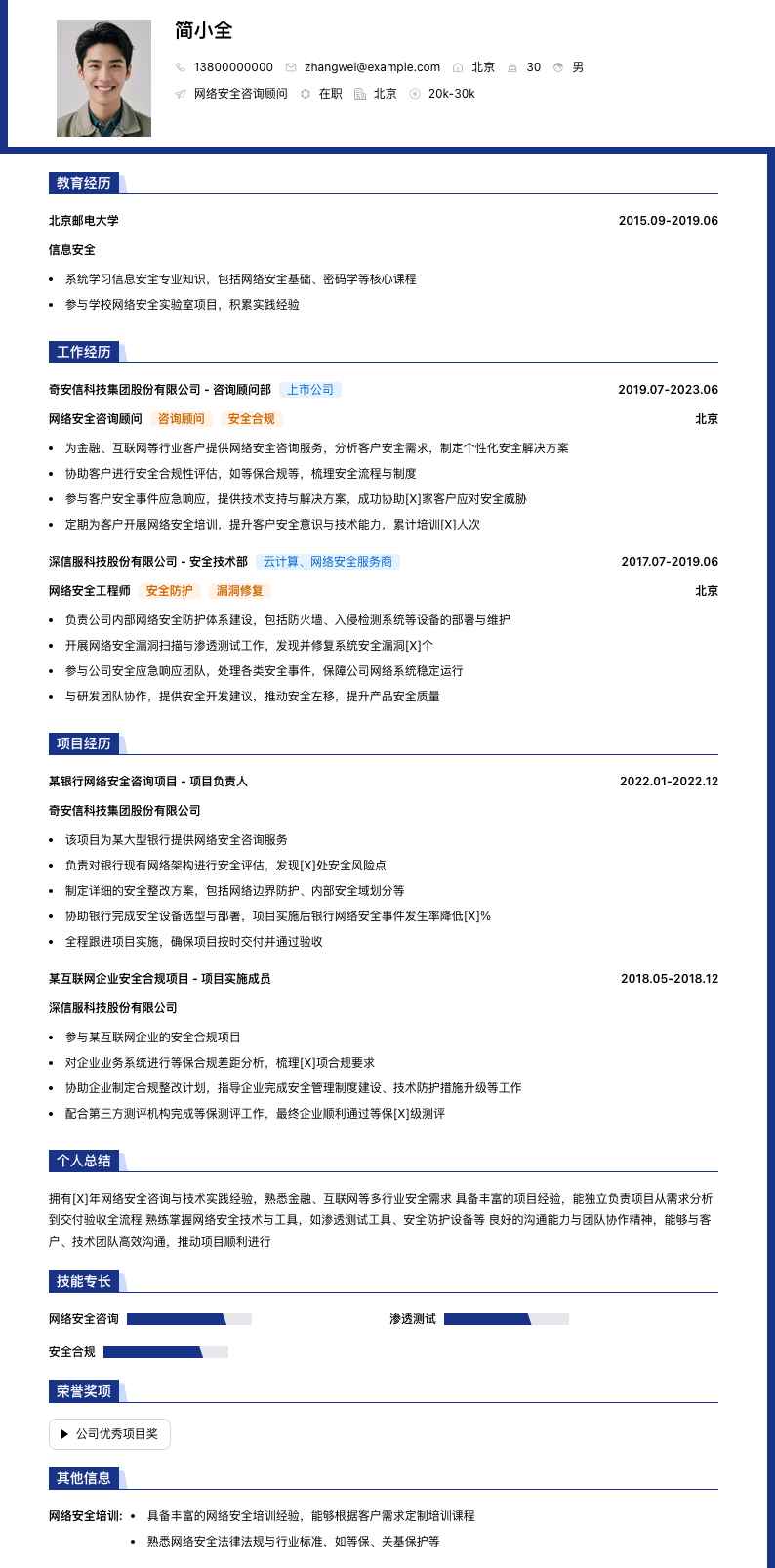 网络安全咨询顾问简历模板