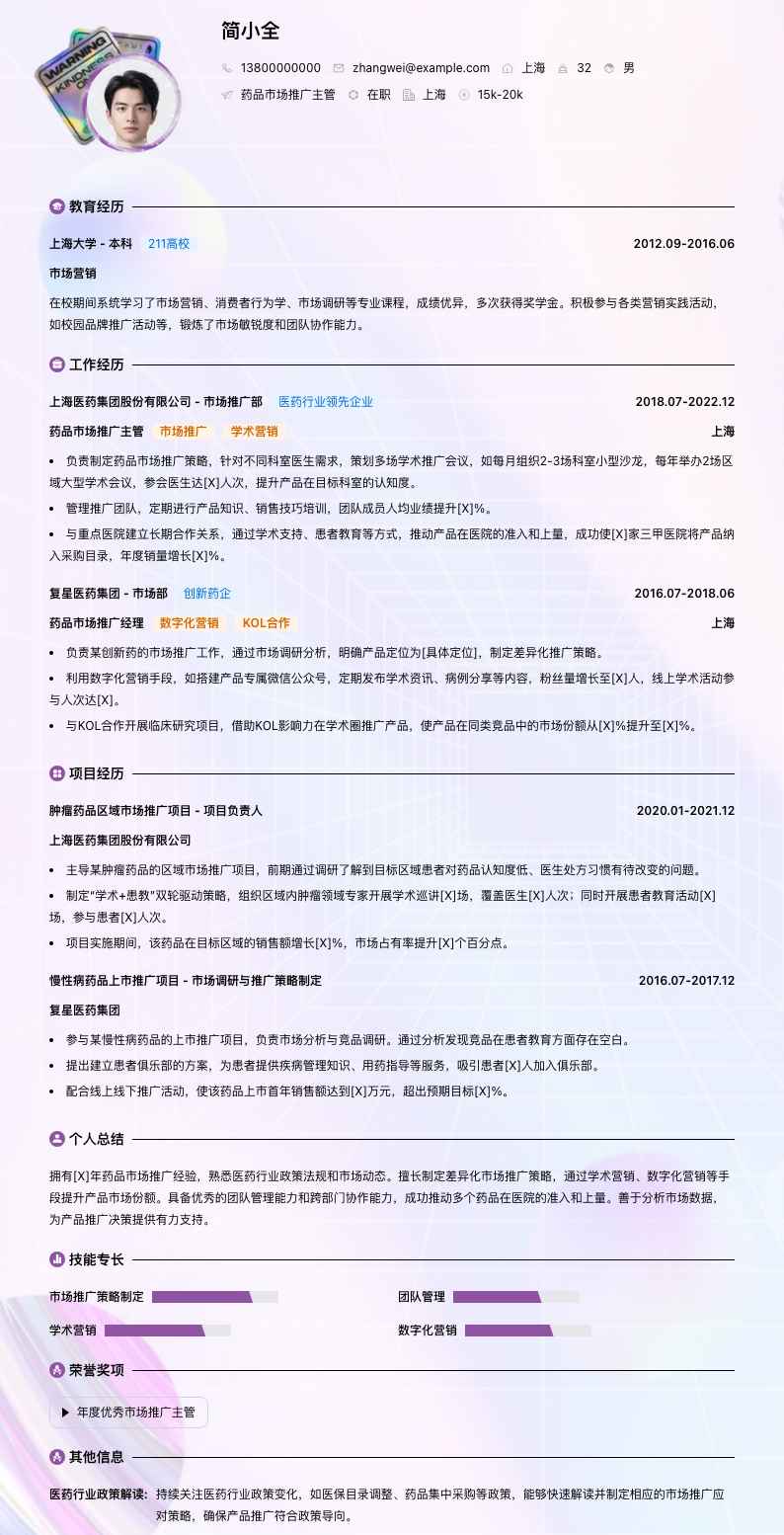 药品市场推广主管简历模板