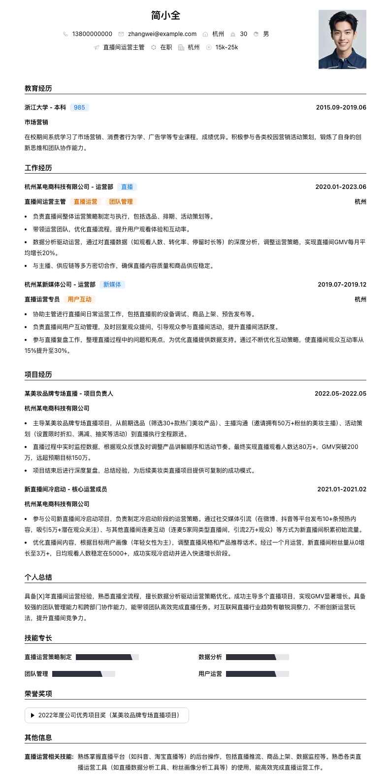 直播间运营主管简历模板