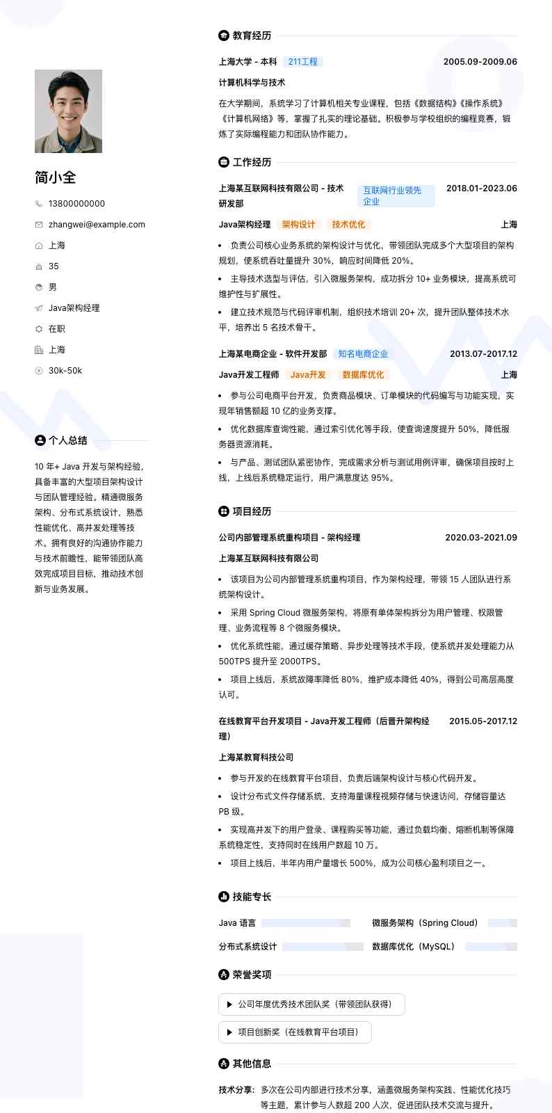 java架构经理简历模板