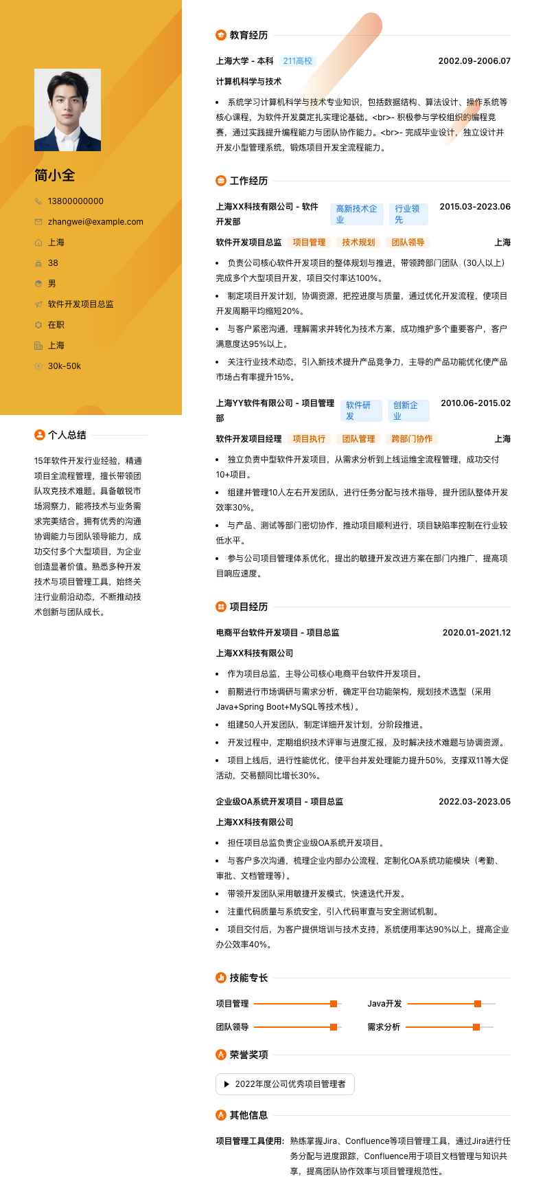 软件开发项目总监简历模板