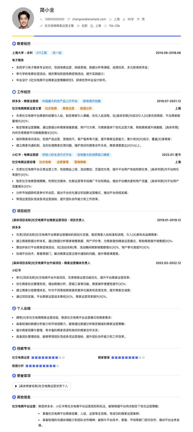 社交电商商家运营主管简历模板