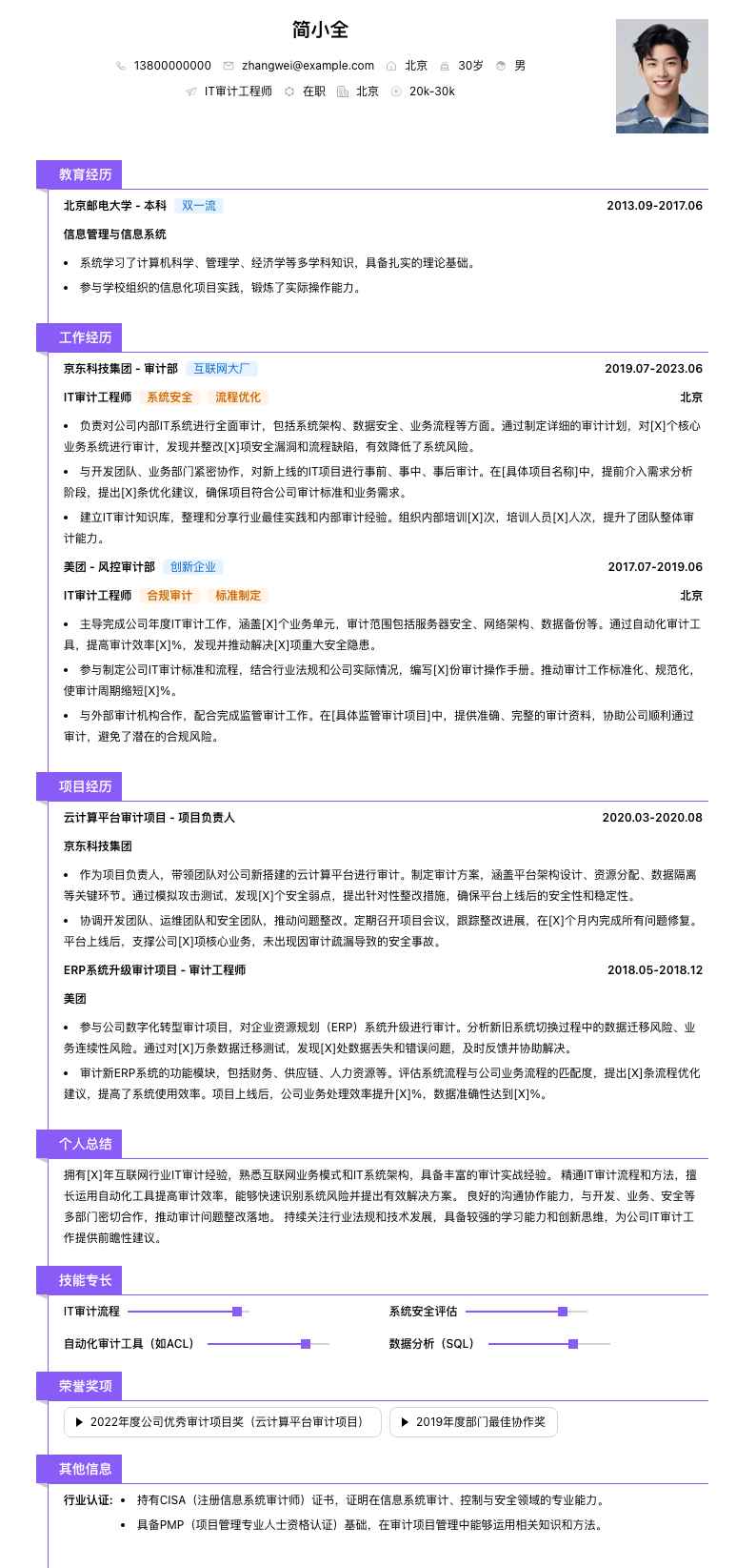 it审计工程师简历模板