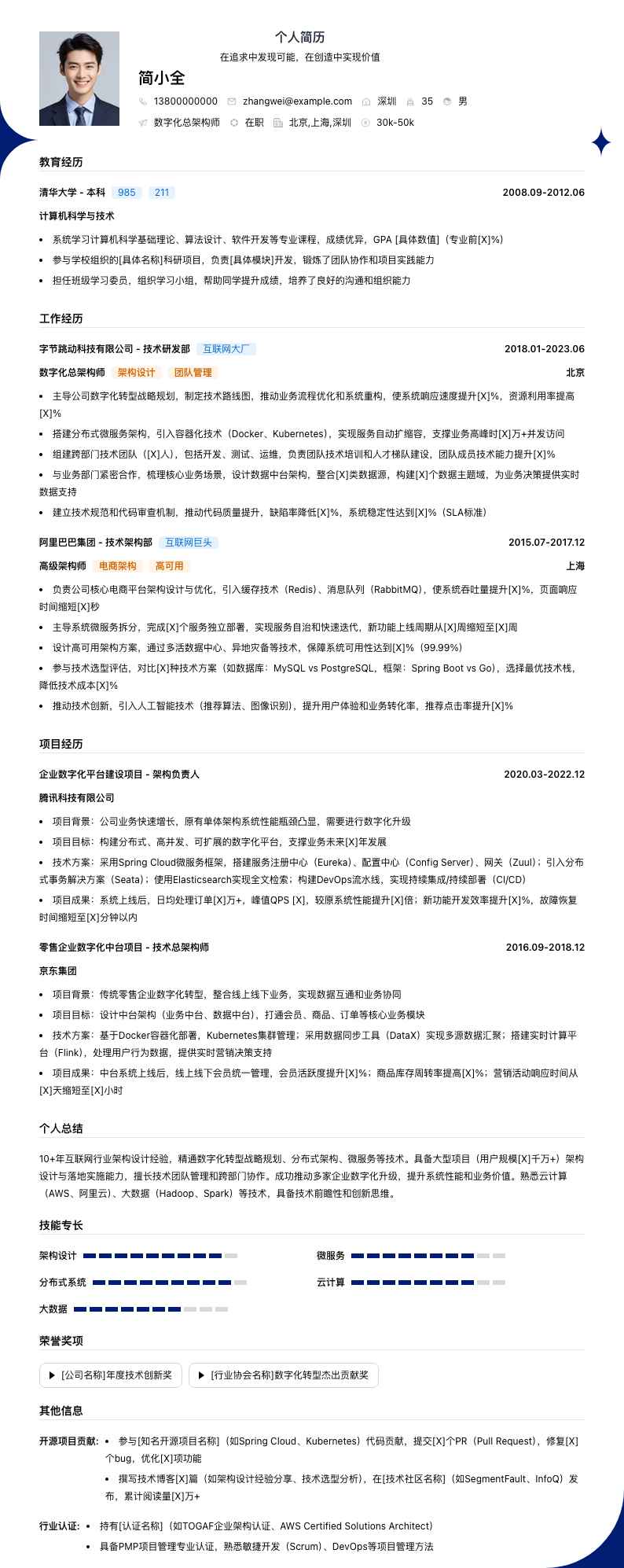 数字化总架构师简历模板