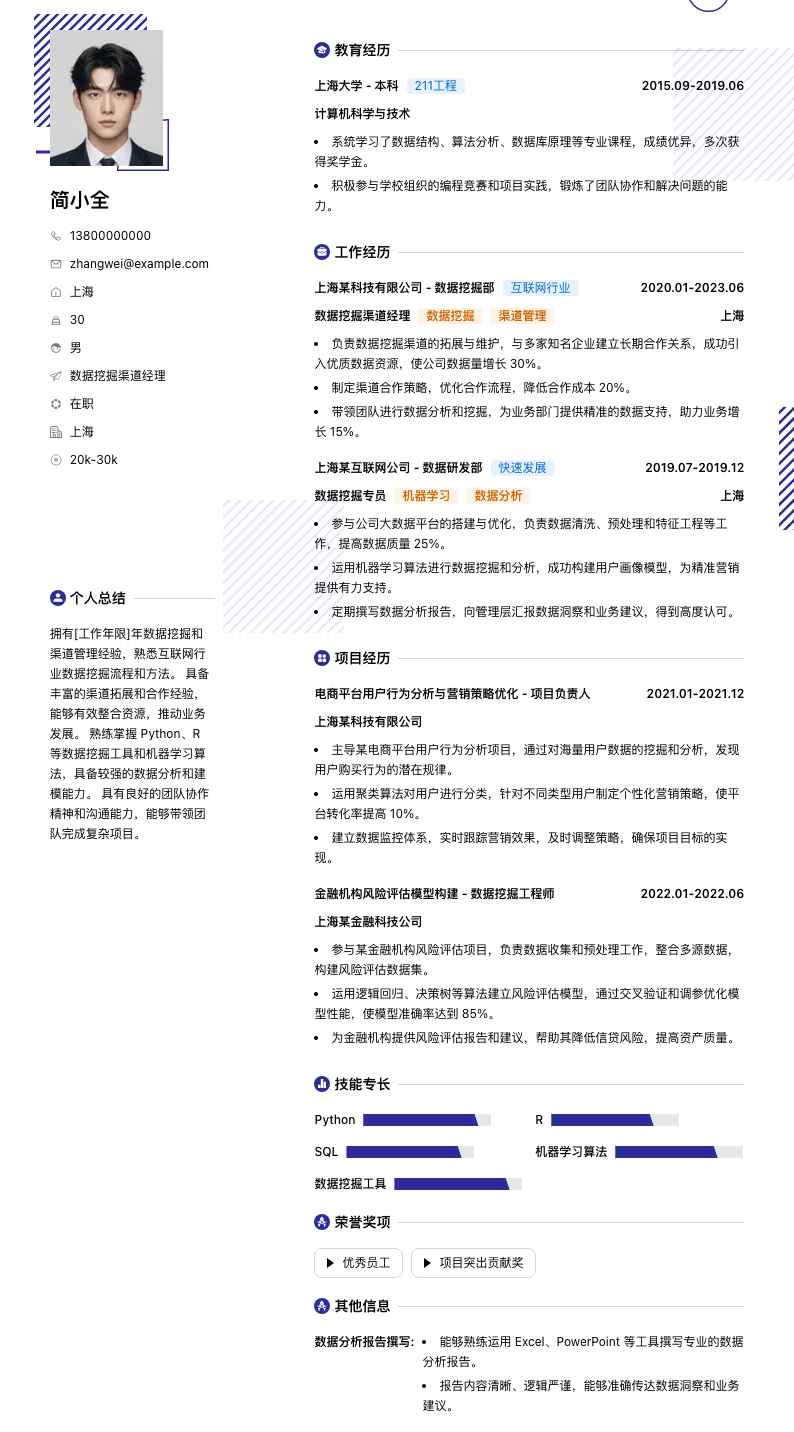 数据挖掘渠道经理简历模板