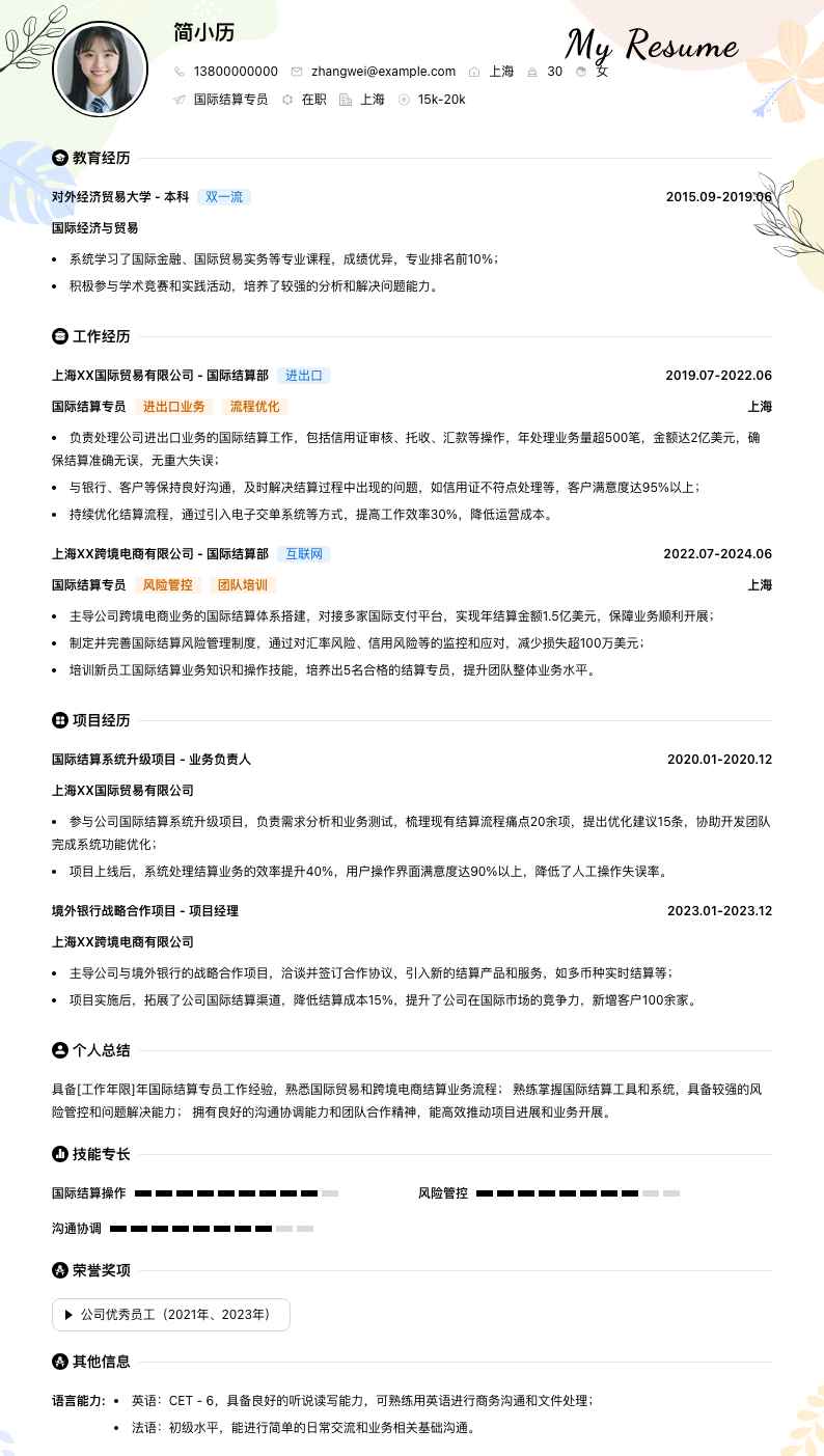 国际结算专员简历模板