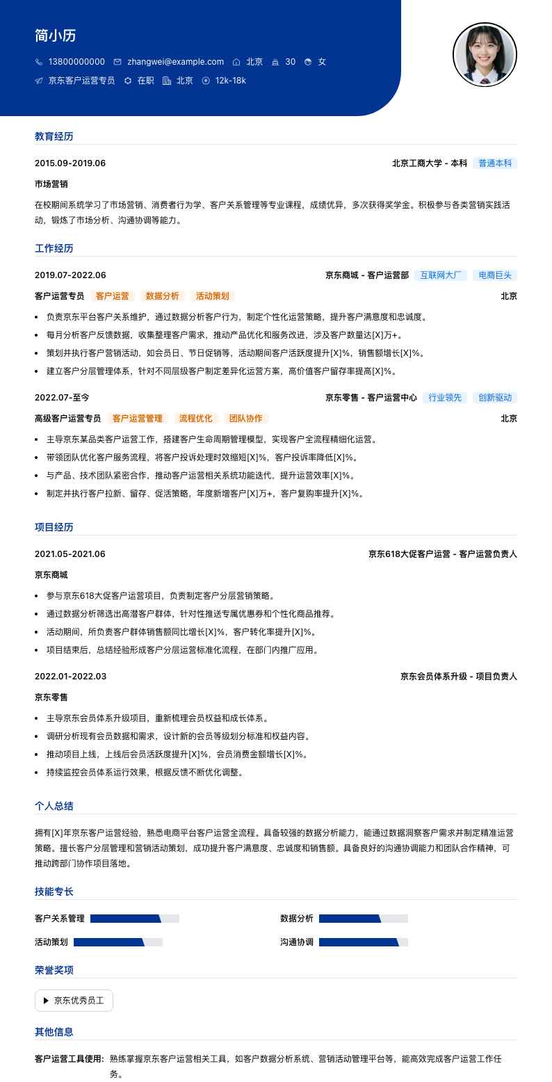 京东客户运营专员简历模板