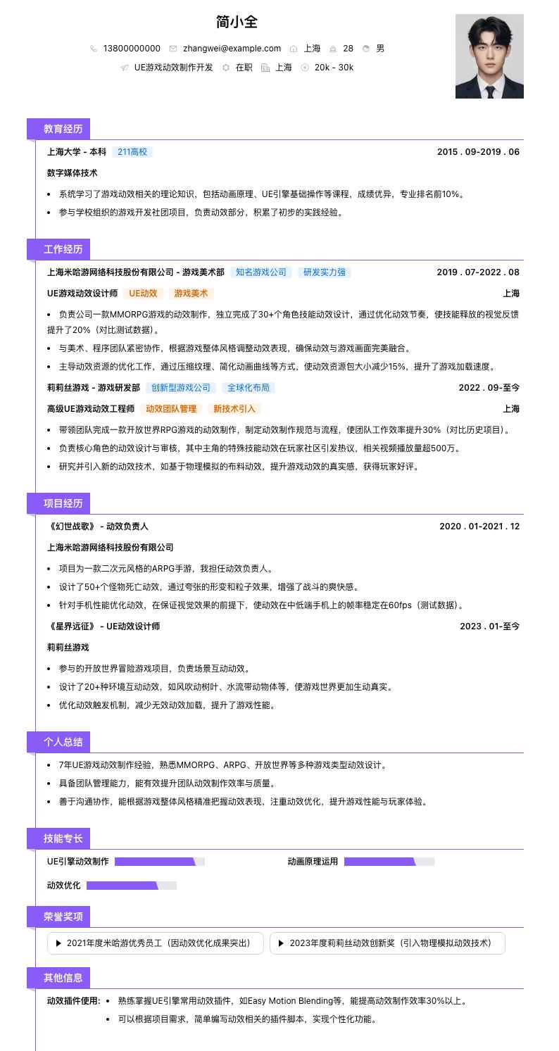 UE游戏动效制作简历模板