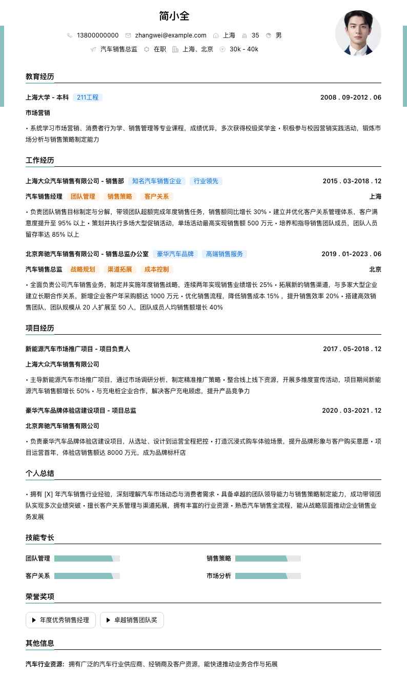 汽车销售总监简历模板