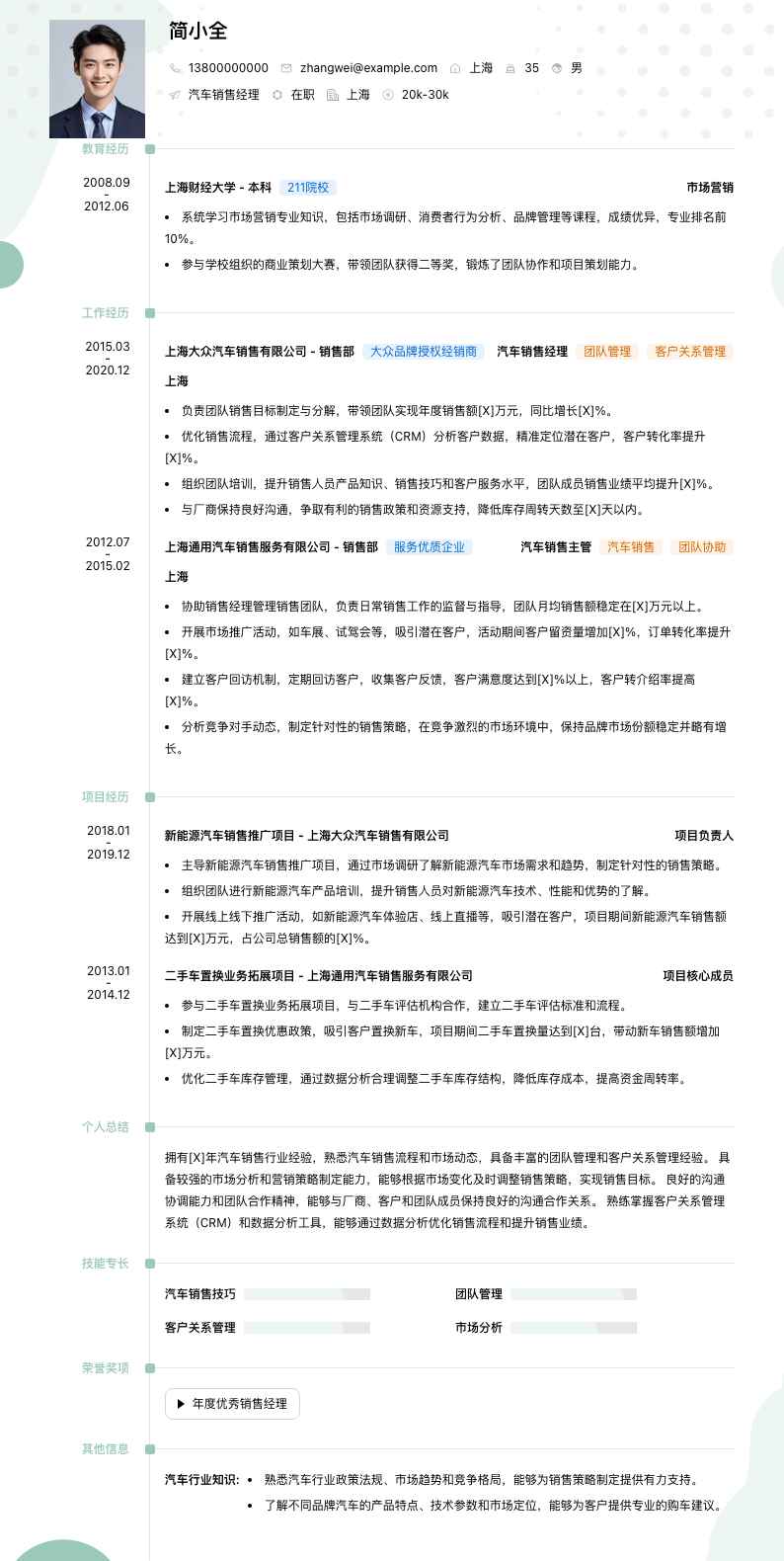 汽车销售经理简历模板