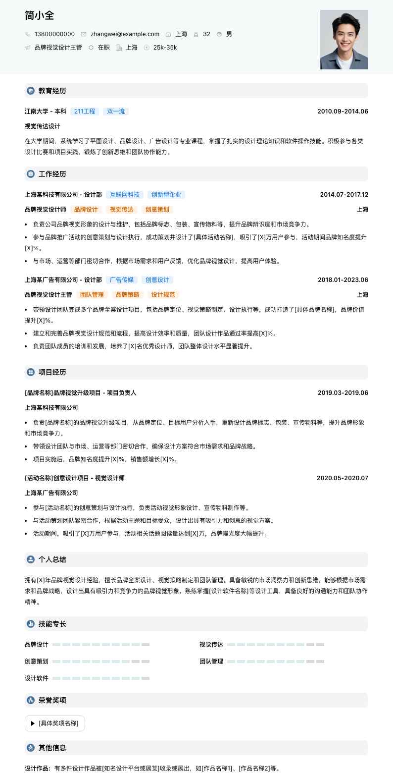 品牌视觉设计主管简历模板