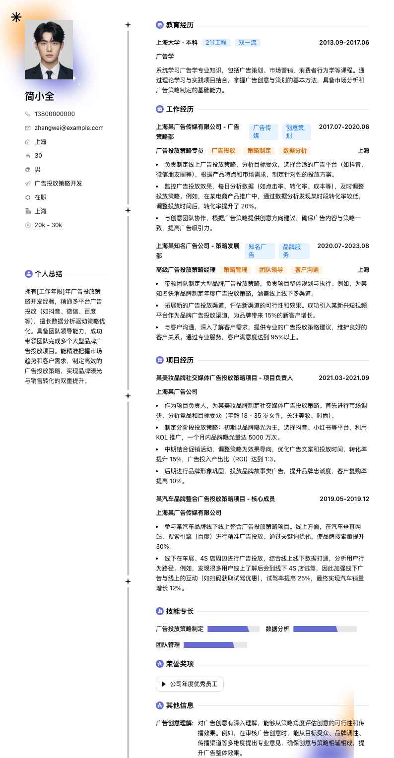 广告投放策略简历模板
