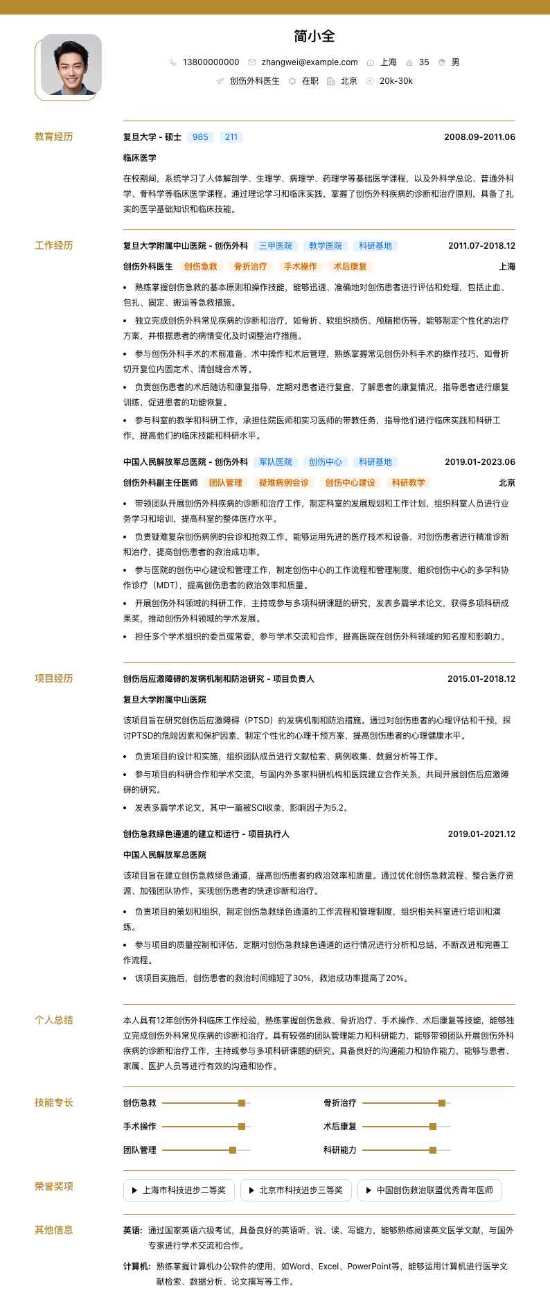 创伤外科医生简历模板