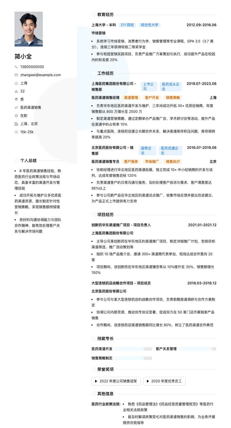 医药渠道销售简历模板