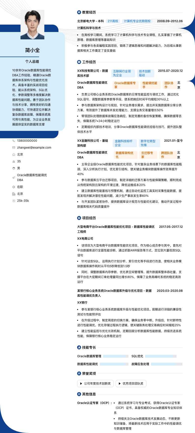 Oracle数据库性能调优DBA简历模板