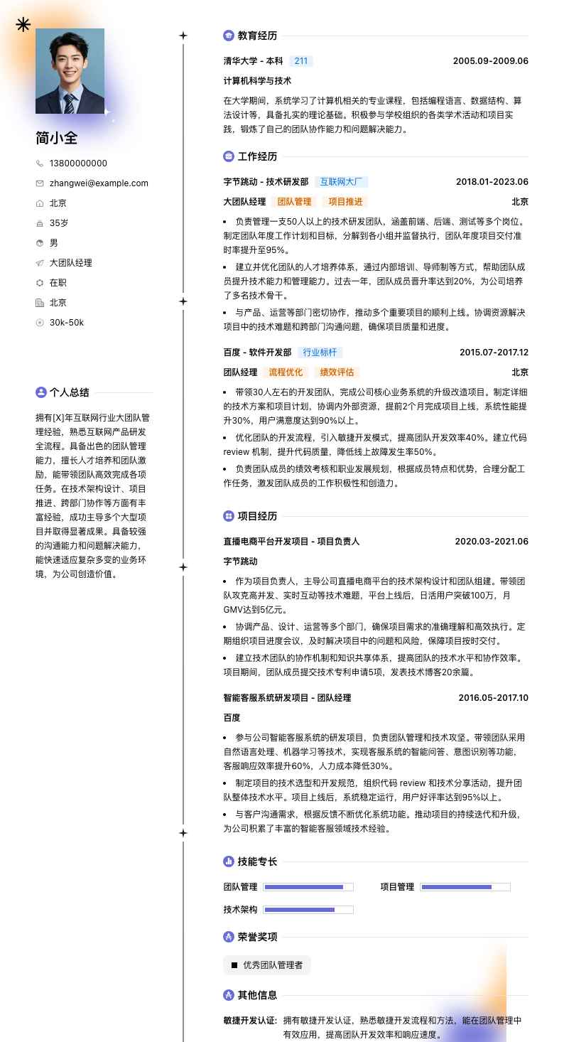 大团队经理简历模板