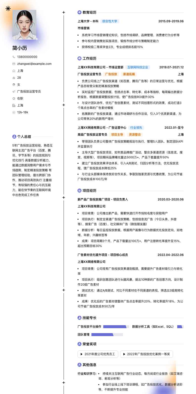 广告投放运营专员简历模板