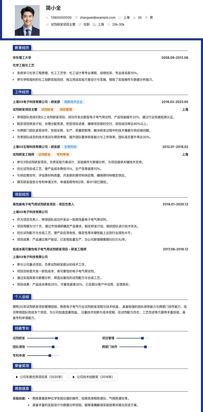 试剂研发项目主管简历模板