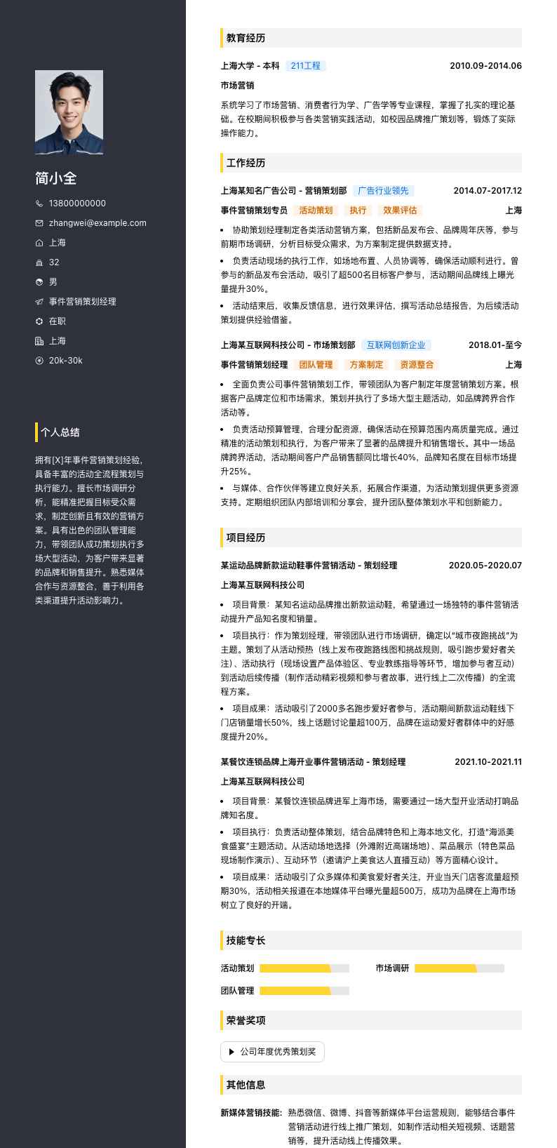 事件营销策划经理简历模板