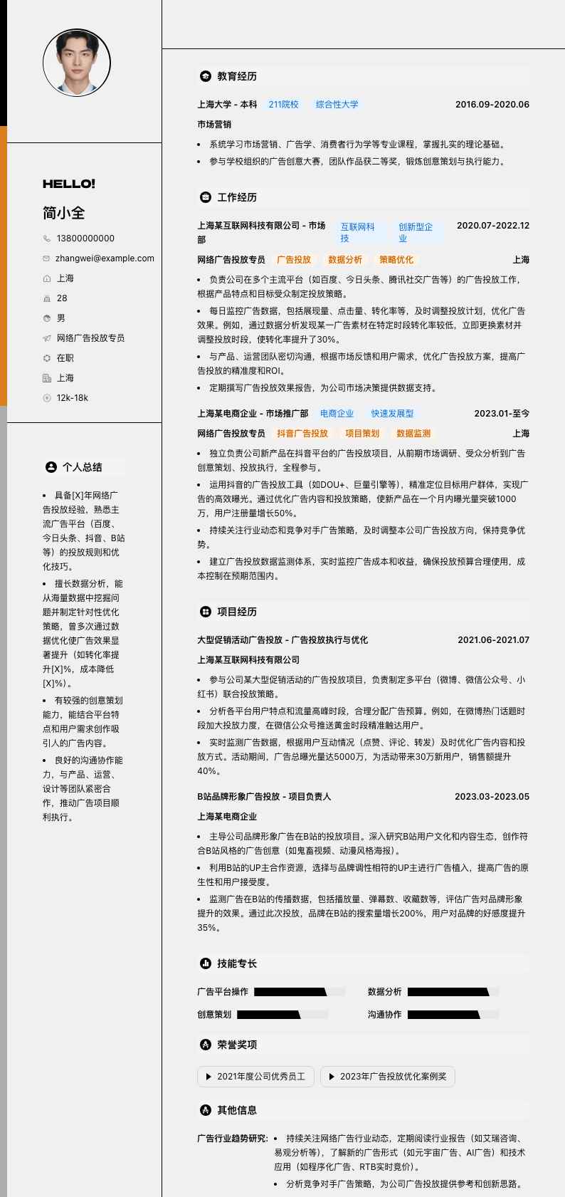 网络广告投放专员简历模板