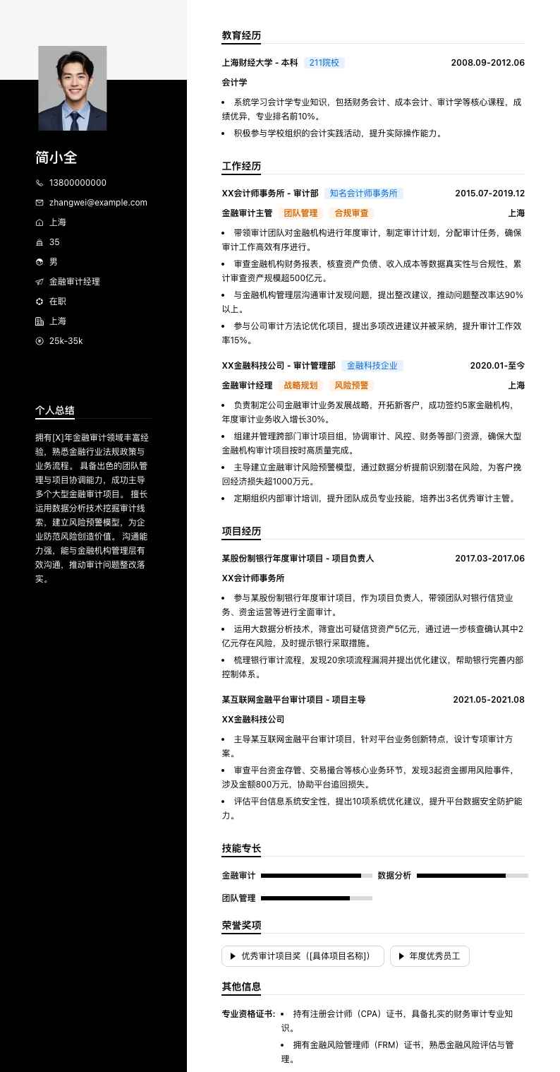 金融审计经理简历模板