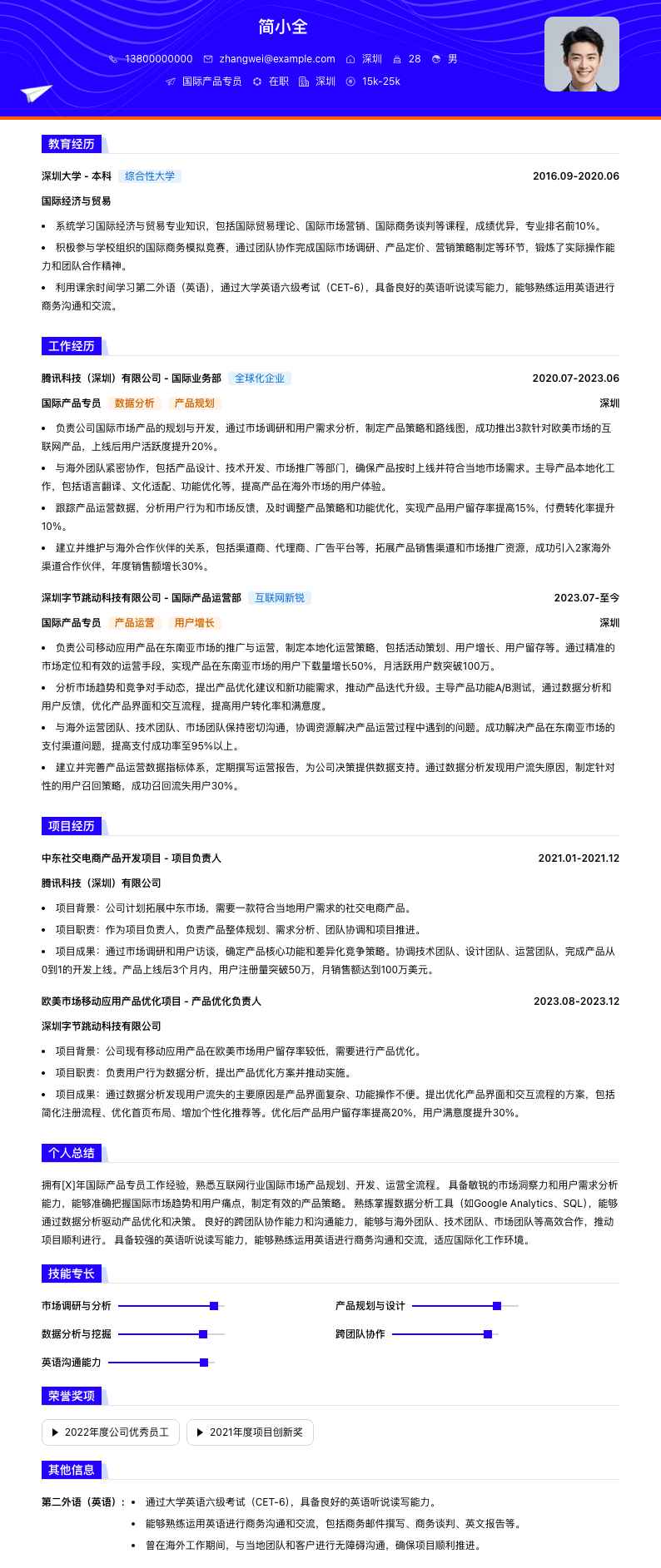 国际产品专员简历模板