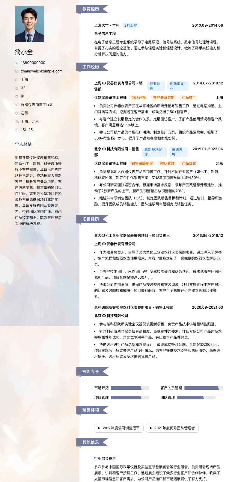 仪器仪表销售工程师简历模板