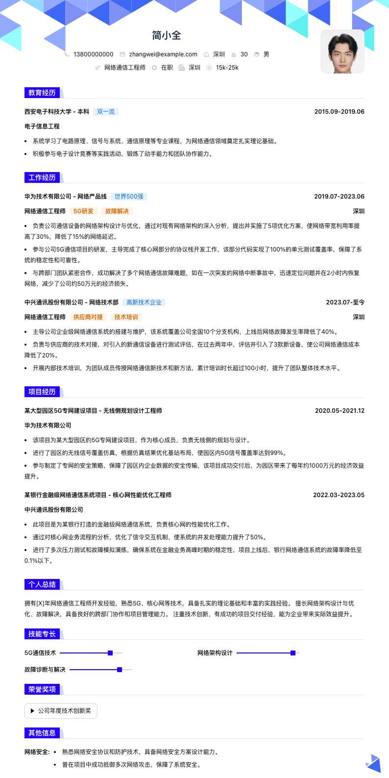 网络通信工程师简历模板