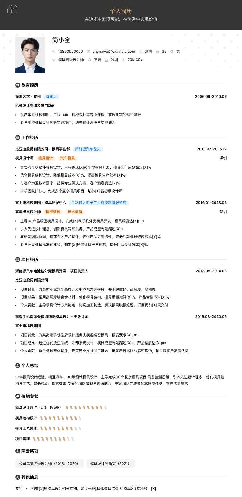 模具高级设计师简历模板